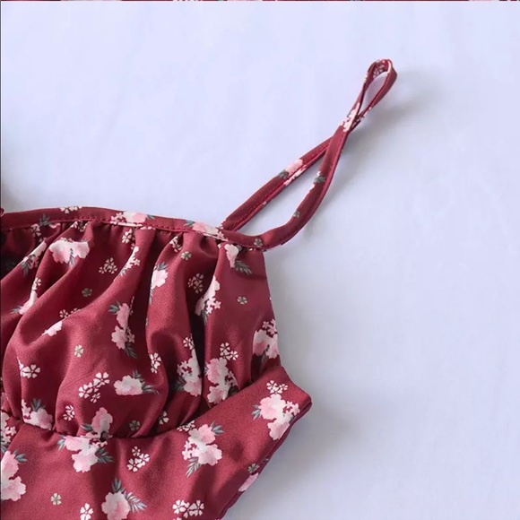 Red wine floral slit summer beach dress - Picture 13 of 15